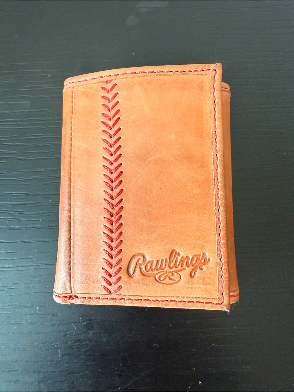 Rawlings Tan Leather Trifold Wallet with Red ID Window